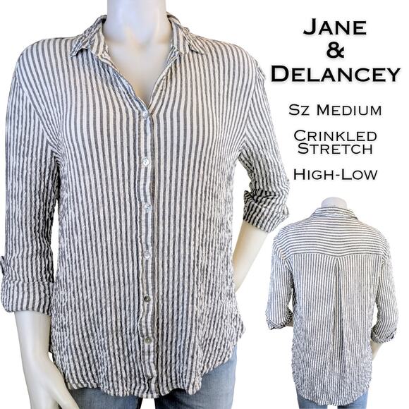 Jane & Delancey Button Down Crinkle Top Large Gray White Stripe Roll Tab Sleeves - Picture 1 of 11